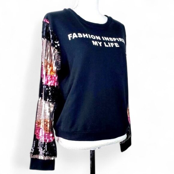 Lea & Viola Sequin Sleeve Terry Sweater Top Women's Flashy Sparkling Spellout XS - Picture 5 of 9
